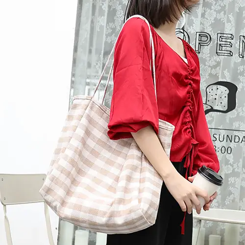 Striped and Checkered Canvas Tote Bag with Large Capacity and Casual Design